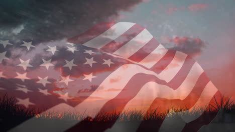 Bandera-Americana-Y-El-Cielo-Con-Fuegos-Artificiales