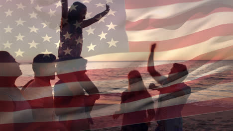 Eine-Gruppe-Von-Freunden-Am-Strand-Und-Die-Amerikanische-Flagge-Zum-Vierten-Juli.