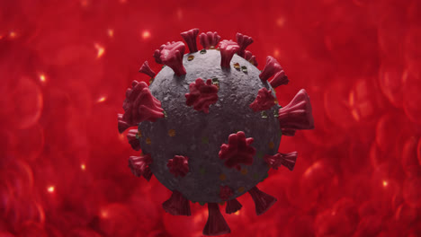 Animation-Einer-Covid-19-Zelle,-Die-Im-Hintergrund-über-Roten-Blutkörperchen-Rotiert