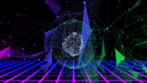 3d-structure-turning-in-sphere-purple-and-green-shapes-floating-with-blue-grid-moving-below-on-black