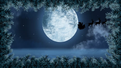 Digitale-Animation-Von-Blättern,-Die-Einen-Rahmen-über-Der-Schwarzen-Silhouette-Des-Weihnachtsmanns-Im-Schlitten-Bilden