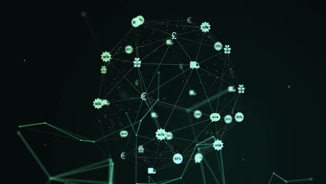 Animation-of-digital-interface-and-network-connections-with-green-financial-and-currency-icons-on-gr