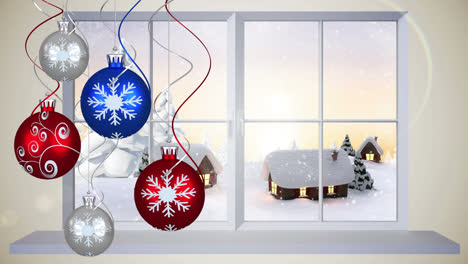 Animation-of-red,-silver-and-blue-christmas-baubles-with-snow-falling-seen-through-window
