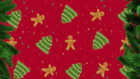 Digitale-Animation-Mehrerer-Lebkuchenmänner-Und-Eines-Weihnachtsbaums,-Die-Sich-Vor-Rotem-Hintergrund-Bewegen