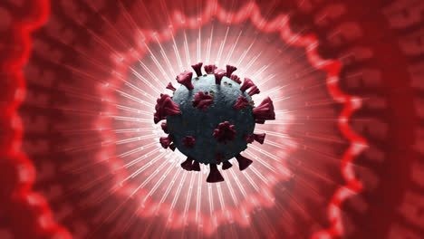 Animation-Einer-Covid-19-Zelle,-Die-über-Rotierenden-Roten-Kreisen-Im-Hintergrund-Rotiert