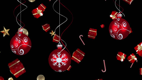 Animation-of-red-baubles,-christmas-presents-and-decorations