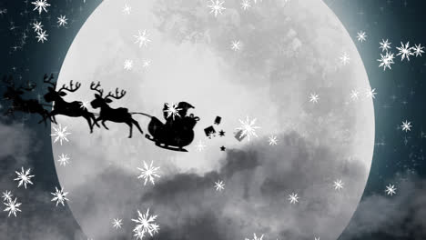 Animation-Der-Schwarzen-Silhouette-Des-Weihnachtsmanns-Im-Schlitten,-Der-Von-Rentieren-Mit-Winterlandschaft-Gezogen-Wird