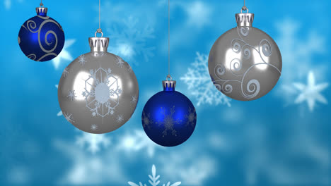 Digital-animation-of-christmas-bauble-decorations-hanging-against-snowflakes-moving