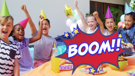 Boom-text-on-speech-bubble-against-kids-wearing-party-hats-in-a-birthday-party