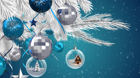 Animation-of-christmas-baubles-hanging-from-christmas-tree-with-snow-falling-on-blue-background