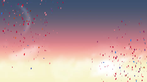 Animation-of-multi-coloured-confetti-falling-against-glowing-sky