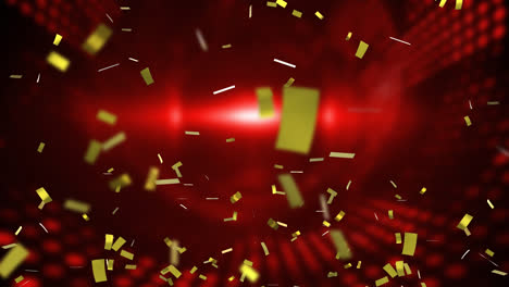 Animation-of-golden-confetti-falling-down-on-red-background