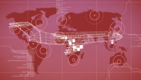 Animation-of-data-processing-and-locations-pulsating-on-world-map-and-3d-airplane-drawing-on-red