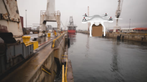 Drohne-Trägt-Eine-Kiste-In-Einem-Hafen