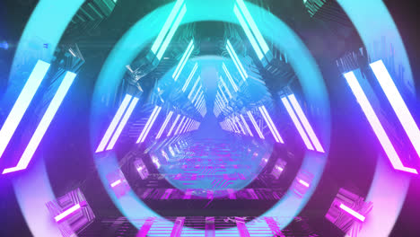 Colorful-concentric-circles-moving-over-futuristic-neon-lit-passageway