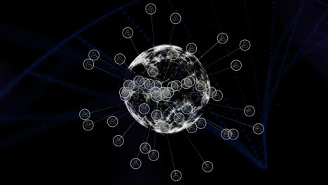 Digitale-Animation-Eines-Globus-Mit-Einem-Netzwerk-Von-Verbindungen-Vor-Einer-Sich-Drehenden-DNA-Struktur-Auf-Blauem-Hintergrund