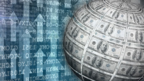 Animation-of-a-globe-made-of-us-dollar-bills-spinning-over-data-and-information