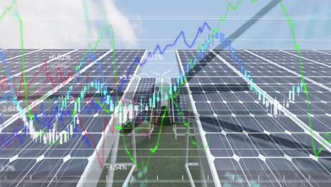 Animation-of-wind-turbines-turning,-solar-panels,-clock-moving-and-stock-exchange-graphs-