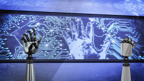 Zwei-Roboterhände-Und-Ein-Großer-Bildschirm-Mit-Leuchtenden-Platinen-Und-Blinkenden-Händen