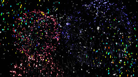 Animation-of-confetti-and-fireworks-exploding-on-black-background