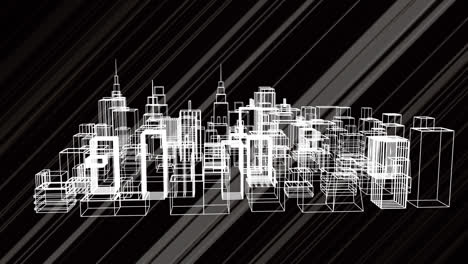 Animation-Eines-3D-Stadtmodells,-Das-Auf-Schwarzem-Hintergrund-Rotiert-