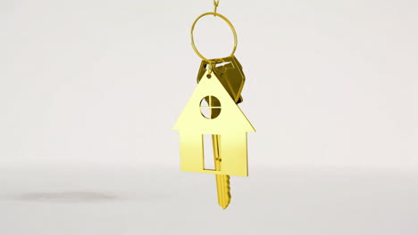 House-keys-and-key-fob-hanging-over-3d-house-model-in-the-background
