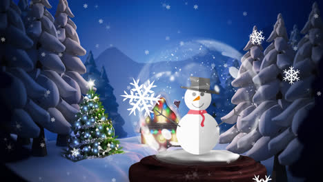 Animation-of-christmas-tree,-snow-globe-with-snowman-and-winter-scenery