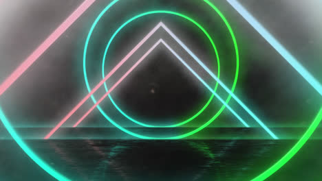 Animation-of-tunnel-of-glowing-bright-geometric-circle-and-triangle-outlined-in-green-and-pink-movin