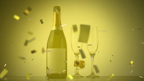 Animation-Von-Goldenem-Konfetti,-Das-über-Champagner-Und-Gläser-Fällt