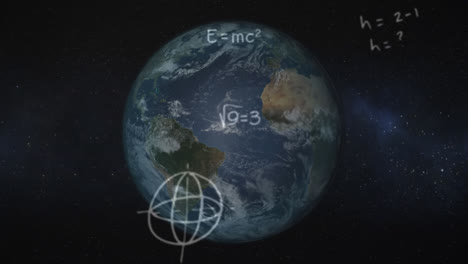 Animation-Von-Mathematischen-Gleichungen-Und-Symbolen,-Die-über-Einem-Sich-Drehenden-Globus-Schweben