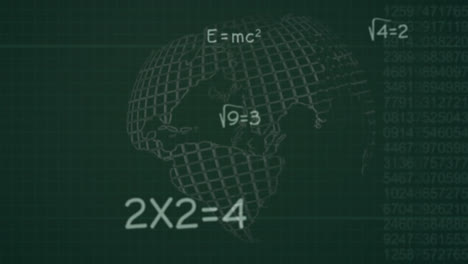 Animation-of-mathematical-formulae-floating-over-a-rotating-globe-on-green-grid-background