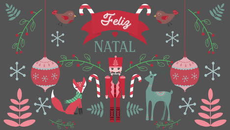Animation-of-Felig-Natal-words-with-animals-on-Christmas-decorations-background