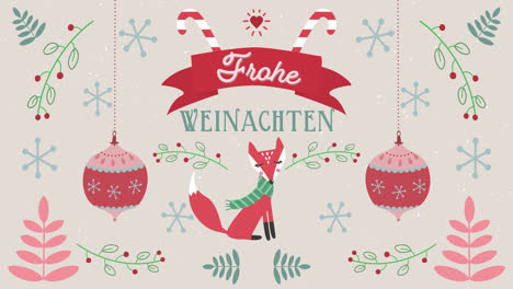 Animation-of-Frahe-Weinachten-words-with-a-fox-on-Christmas-decorations-background