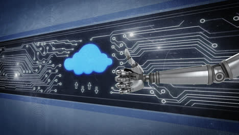 Robot-hand-gesturing-thumbs-up-infront-of-glowing-circuit-board-and-flashing-cloud-icon