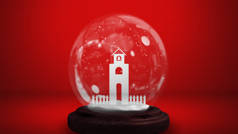Animation-of-snow-globe-with-snow-falling-and-church-tower-on-red-background