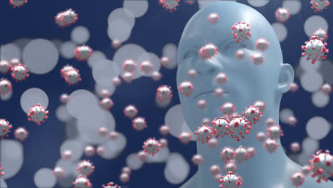 Animation-Von-Covid-19-Zellen,-Die-über-Dem-Menschlichen-Kopf-Schweben,-Und-Mehreren-Lichtpunkten-Auf-Blauem-Hintergrund