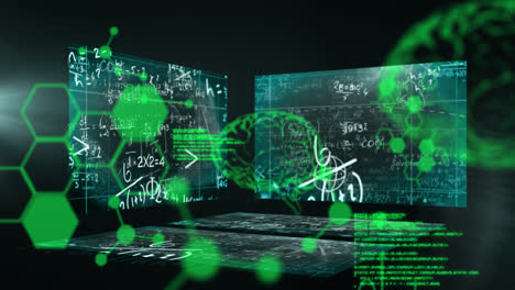 Animation-of-math-equations-written-on-screen-with-green-3D-brain-and-molecule-