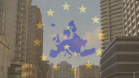 Stars-spinning-in-circles-over-EU-map-against-tall-buildings
