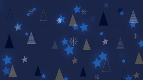 Digitale-Animation-Leuchtender-Sterne,-Die-Sich-Vor-Mehreren-Weihnachtsbäumen-Auf-Blauem-Hintergrund-Bewegen