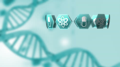 -Animation-Von-Symbolen,-Die-Sich-Im-Kreis-Bewegen,-Mit-Einem-DNA-Strang-Auf-Grünem-Hintergrund