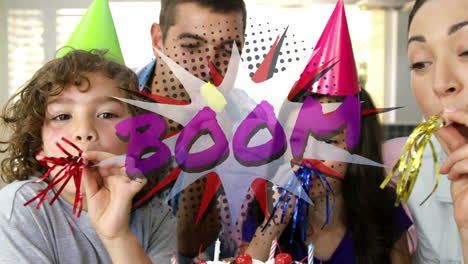 Boom-text-on-speech-bubble-against-family-blowing-party-blowers