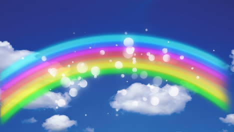 Animation-of-rainbow-with-white-flickering-spots-over-blue-sky-and-clouds