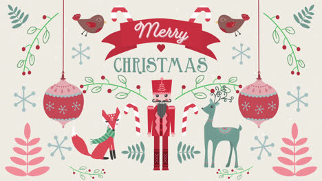Animation-of-Merry-Christmas-words-with-animals-on-Christmas-decorations-background