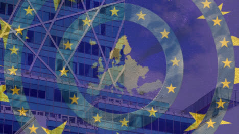 Stars-on-spinning-circles-over-EU-map-against-tall-building