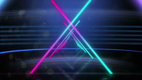 Animation-of-tunnel-of-multi-coloured-glowing--triangle-outlines-with-horizontal-lines-in-the-backgr