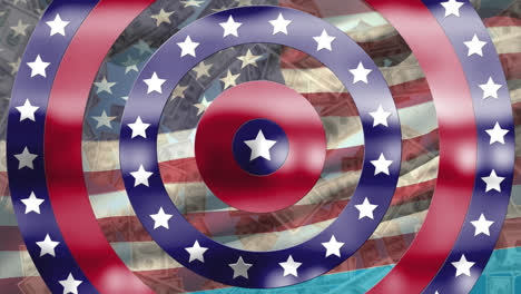 Amerikanische-Dollar-Fallen-über-Sterne-Auf-Sich-Drehenden-Kreisen-Vor-Der-Wehenden-US-Flagge