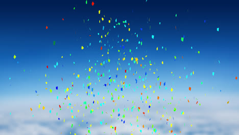 Animation-Von-Mehrfarbigem-Konfetti,-Das-über-Blauen-Himmel-Und-Wolken-Fällt