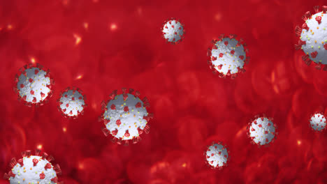 Animation-Von-Covid-19-Zellen,-Die-über-Mehreren-Roten-Blutkörperchen-Im-Hintergrund-Schweben