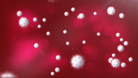 Animation-Von-Covid-19-Zellen,-Die-über-Mehreren-Lichtpunkten-Auf-Rotem-Hintergrund-Schweben