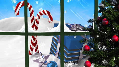 Digitale-Animation-Von-Fensterrahmen-Und-Weihnachtsbaum-Gegen-Schnee,-Der-über-Weihnachtszuckerstangen-Fällt